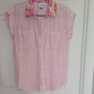 CAbi Pink and White Striped Button Down Shirt with Floral Collar